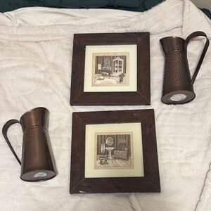 Vintage Copper Pitchers and Framed Art Set